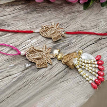 Load image into Gallery viewer, zari sequins beads ornate lumba rakhi for Bhaiya Bhabhi