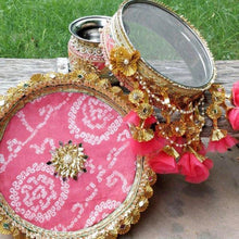 Load image into Gallery viewer, Mint & Peach Jaipuri Karwa Chauth Thali Set