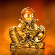 Load image into Gallery viewer, Feng Shui Three Golden Horses with Crystal Ball on Coins Bed for Abundance