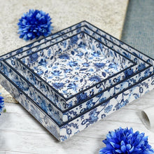Load image into Gallery viewer, Blue Floral Serving Tray Set of 3