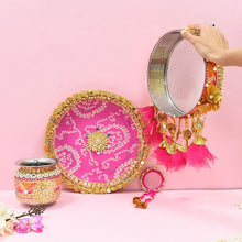 Load image into Gallery viewer, Rani & Peach Jaipuri Karwa Chauth Thali Set