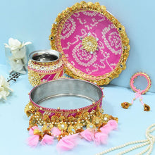 Load image into Gallery viewer, Light Pink & Rani Gota Karwa Chauth Thali Set