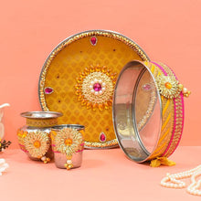 Load image into Gallery viewer, Eye-Catching Golden Pink Karwa Chauth Thali Set