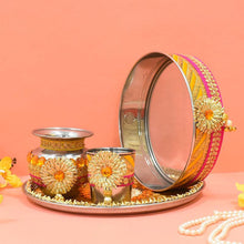 Load image into Gallery viewer, Eye-Catching Golden Pink Karwa Chauth Thali Set