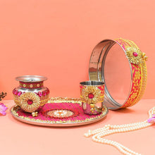 Load image into Gallery viewer, Brocade Pink & Yellow Karwa Chauth Thali Set