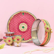 Load image into Gallery viewer, Pink Floral Gotta Patti Karwa Chauth Thali Set