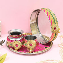 Load image into Gallery viewer, Pink Floral Gotta Patti Karwa Chauth Thali Set