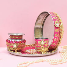 Load image into Gallery viewer, Pink Decorated Karwa Chauth Thali Set