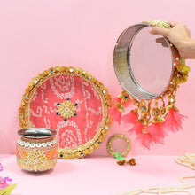 Load image into Gallery viewer, Mint & Peach Jaipuri Karwa Chauth Thali Set