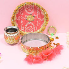 Load image into Gallery viewer, Mint & Peach Jaipuri Karwa Chauth Thali Set