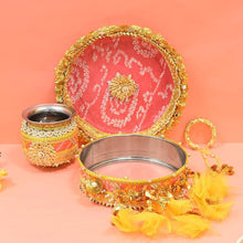 Load image into Gallery viewer, Peach & Yellow Bandhani Karwa Chauth Thali Set