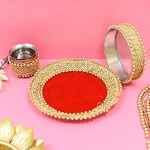 Load image into Gallery viewer, Embellished Red Velvet Karwa Chauth Thali Set