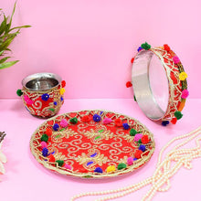 Load image into Gallery viewer, Colourful Embroided Red Karwa Chauth Thali Set
