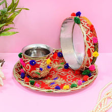 Load image into Gallery viewer, Colourful Embroided Red Karwa Chauth Thali Set
