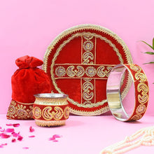Load image into Gallery viewer, Vibrant Red Golden Embroidery Karwa Chauth Thali set With Potli