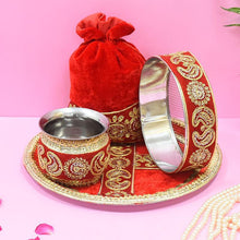 Load image into Gallery viewer, Vibrant Red Golden Embroidery Karwa Chauth Thali set With Potli