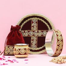 Load image into Gallery viewer, Velvet Maroon Golden Embroidery Karwa Chauth Thali set With Potli