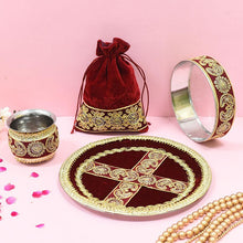 Load image into Gallery viewer, Velvet Maroon Golden Embroidery Karwa Chauth Thali set With Potli