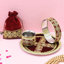 Load image into Gallery viewer, Velvet Maroon Golden Embroidery Karwa Chauth Thali set With Potli