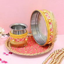 Load image into Gallery viewer, Peach & Yellow Glimmer Karwa Chauth Thali Set