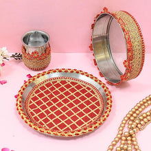 Load image into Gallery viewer, Ruby Red Embroided Karwa Chauth Thali Set