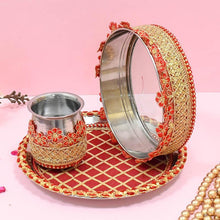 Load image into Gallery viewer, Ruby Red Embroided Karwa Chauth Thali Set