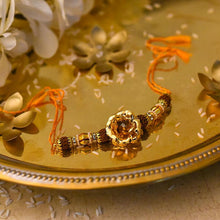 Load image into Gallery viewer, 24K Gold Foil Rose & Rudraksha Rakhi