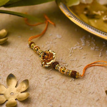 Load image into Gallery viewer, 24K Gold Foil Rose & Rudraksha Rakhi