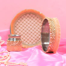 Load image into Gallery viewer, Pretty Peach Beaded Karwa Chauth Thali Set