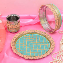 Load image into Gallery viewer, Dazzling Blue & Peach Karwa Chauth Thali Set
