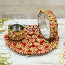 Load image into Gallery viewer, Rich Red Embroided Karwa Chauth Thali Set