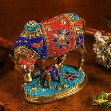 Load image into Gallery viewer, Decorative Colourful Kamdhenu with Calf Idol (Brass)