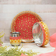 Load image into Gallery viewer, Peach & Yellow Glimmer Karwa Chauth Thali Set