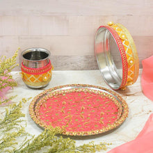Load image into Gallery viewer, Peach & Yellow Glimmer Karwa Chauth Thali Set