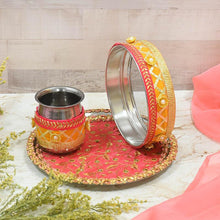Load image into Gallery viewer, Peach & Yellow Glimmer Karwa Chauth Thali Set