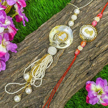 Load image into Gallery viewer, Golden & White Pearl Silver Coin Bhaiya Bhabi Rakhi (Set Of 2)