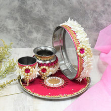 Load image into Gallery viewer, Pink and White Decorated Karwa Chauth Thali Set