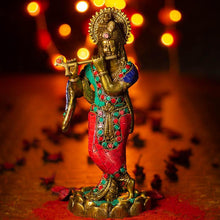 Load image into Gallery viewer, Antique Brass Krishna With Flute Statue