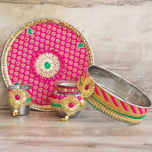 Load image into Gallery viewer, Pink Floral Gotta Patti Karwa Chauth Thali Set