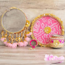 Load image into Gallery viewer, Light Pink & Rani Gota Karwa Chauth Thali Set