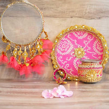 Load image into Gallery viewer, Rani & Peach Jaipuri Karwa Chauth Thali Set