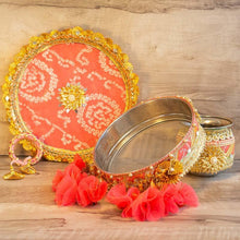 Load image into Gallery viewer, Mint & Peach Jaipuri Karwa Chauth Thali Set