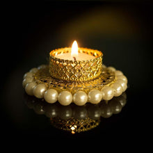 Load image into Gallery viewer, Elegant Pearl Studded Golden T-Light Candle Holder
