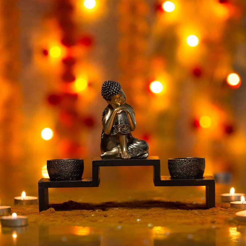 Decorative Relaxing Buddha on Wooden Base with Tealight Holder