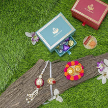 Load image into Gallery viewer, Beautiful Petite Box with 5 gms Silver Coin Rakhi &amp; Chocolates
