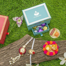Load image into Gallery viewer, Beautiful Petite Box with 5 gms Silver Coin Rakhi &amp; Chocolates
