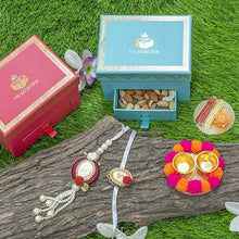 Load image into Gallery viewer, Beautiful Petite Box with 5 gms Silver Coin Rakhi &amp; Chocolates
