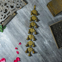 Load image into Gallery viewer, Antique Brass 15 Bells With Lakshmi Ganesh Saraswati Subh Labh Om Swastik Figurine

