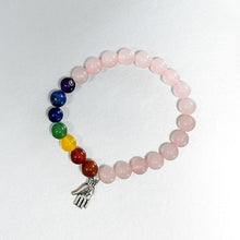 Load image into Gallery viewer, Rose Quartz and 7 Chakra Bracelet with Charm
