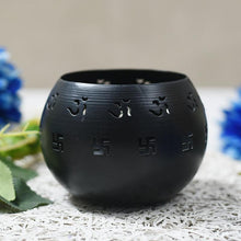 Load image into Gallery viewer, Round Black Decorative Candle Holder with Swastik Motifs
